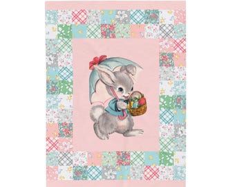 Girls Bunny Blanket, Vintage Blanket, Cozy Holiday Home Decor, Velveteen Throw Blanket - Easter Parade