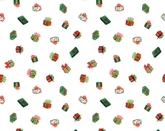 Christmas Holiday Fabric Yardage Presents White - Jingle Bells Fabric by Lindsay Wilkes for Riley Blake Designs