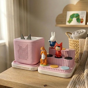 Può includere: Un lettore audio quadrato rosa con orecchie da gatto e la scritta LIYA'S TONIEBOX sulla base, accompagnato da un espositore rosa a più livelli che ospita tre piccole statuette: una tigre, un coniglio bianco e una persona con cappuccio rosso.