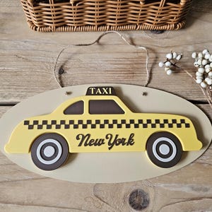Personalized New York Taxi Wall Sign – Custom Name Nursery Decor – Retro Baby Room Art – Yellow Cab Wall Plaque – 3D Car Sign , NYC