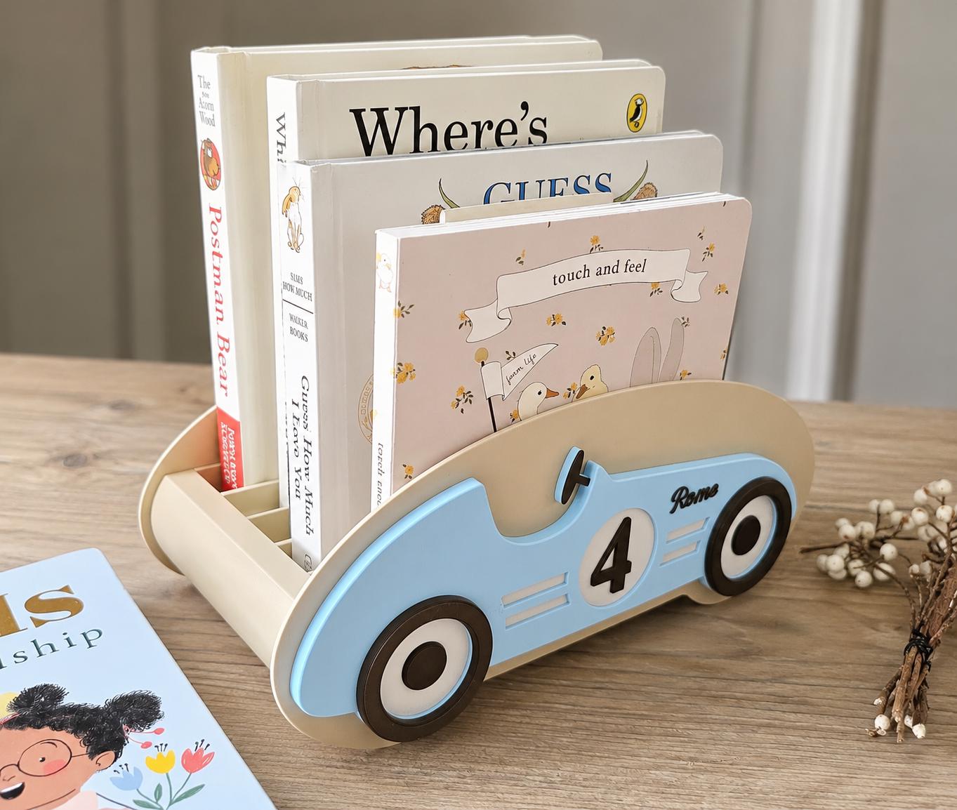 Personalized Retro Race Car Bookshelf, 3D Printed Toy Storage, Nursery Decor