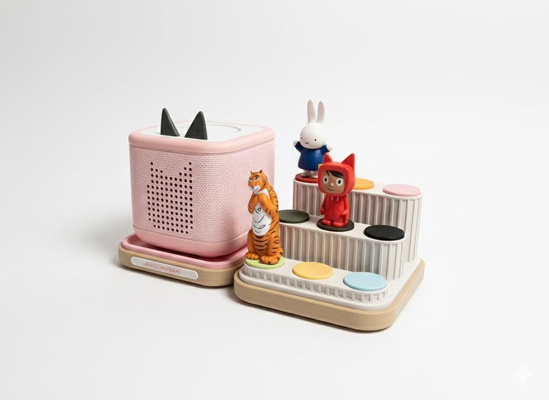 Puede incluir: Un reproductor de audio rosa con orejas negras y una rejilla de altavoz, junto a un juguete de varios niveles con c&iacute;rculos de colores y figuras de un tigre, un conejo y un personaje con un atuendo rojo. Los juguetes est&aacute;n sobre una superficie blanca.
