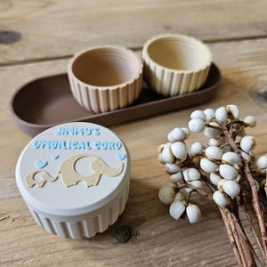 May include: A light blue container with the text "JIMMY'S UMBILICAL CORD" and elephant graphics. Two small beige containers and a brown tray are also visible. A sprig of white berries is on a wooden surface.