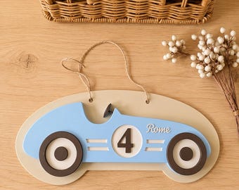 Personalized 3D Race Car Name Sign, Vintage Nursery Decor, Kids Room Art