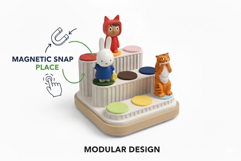 Puede incluir: Un juguete modular con una base beige y escalones blancos, con plataformas circulares de colores. Tres figuras de dibujos animados, un conejo, un ni&ntilde;o con un traje rojo y un tigre, est&aacute;n de pie en las plataformas. El texto dice "MAGNETIC SNAP PLACE" y "MODULAR DESIGN".