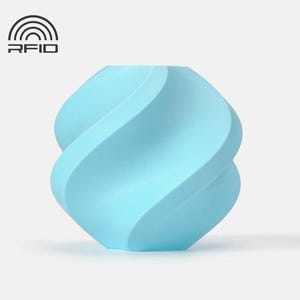 May include: A light blue, abstract, decorative object with a twisted, wave-like design. The object has a smooth surface and is set against a plain background. The top left corner features the text "RFID" above a stylized symbol.