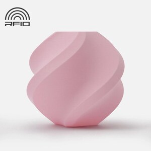 May include: A light pink, abstract, geometric sculpture with a twisted, spiral design. The sculpture has a smooth surface and is set against a plain white background. The top left corner features the text "RFID" above a graphic of a radio wave.