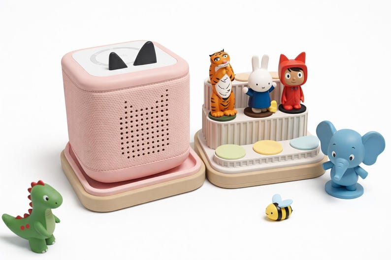Puede incluir: Un reproductor de audio rosa con orejas de gato negras, un altavoz y una bandeja. Varias figuras de juguete coloridas est&aacute;n dispuestas cerca, incluyendo un tigre, un conejo y una figura con capucha roja. Tambi&eacute;n hay un elefante azul, un dinosaurio verde y una abeja.