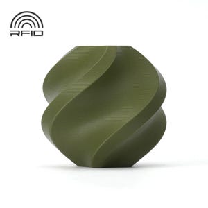 May include: An olive green, abstract, sculptural object with a twisted, symmetrical design. The object has a smooth, matte finish and is set against a white background. The RFID logo is in the upper left corner.