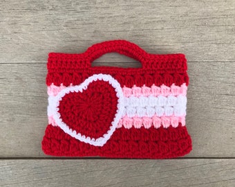 Valentines heart Purse Treat Bag Kids Crochet Purse Red Pink White