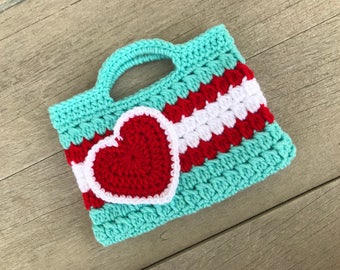Robin's Egg Blue and Red Valentines Purse Treat Bag Kids Crochet Purse Ready to Ship