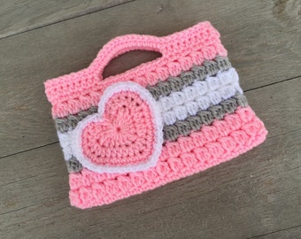 Pink and Gray Valentine's Purse Treat Bag Kids Crochet Purse