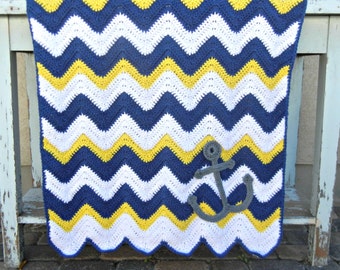 Chevron Anchor Baby Blanket Blue Yellow Shower Gift Ready to Ship