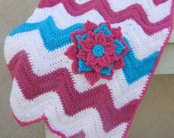 Chevron Baby Blanket Raspberry Pink and Dark Aqua Baby Shower Gift Ready to Ship