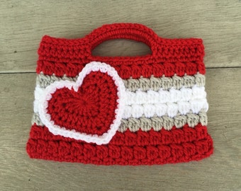 Valentines heart Purse Treat Bag Kids Crochet Purse Red White Gray