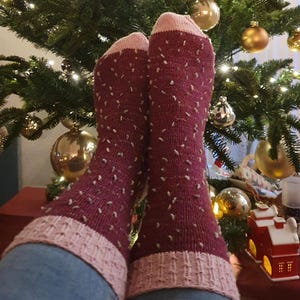 Könnte beinhalten: Ein Paar bordeauxrote Strickstrümpfe mit hellrosa Bündchen und Zehenpartien, die ein gesprenkeltes Muster auf dem Hauptteil aufweisen. Die Socken werden über einer blauen Jeans getragen und zeigen ein geripptes Muster an den Bündchen.