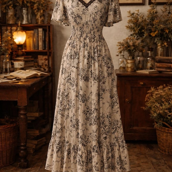 Dark Botanical Academia Maxi Dress & Oversized Cardigan Set – Cottagecore Scholar Outfit – Size 6/8 Romantic Vintage-Inspired Ensemble