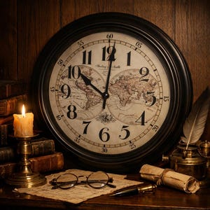 May include: A large, round wall clock with a black frame and a cream-colored face featuring a world map design. The clock is surrounded by antique items, including books, a candle, glasses, and a quill.