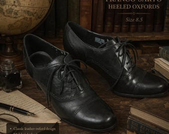 Vintage-Inspired Franco Sarto Heeled Oxford Shoes Size 8.5 | Black Leather Academic Heels | Dark Academia Footwear | Women’s Lace-Up Pumps