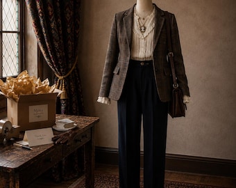 May include: A mannequin displays a brown plaid blazer over a cream-colored ruffled blouse and dark navy trousers. A brown leather shoulder bag hangs from the shoulder. The ensemble includes a layered necklace with a cameo pendant.