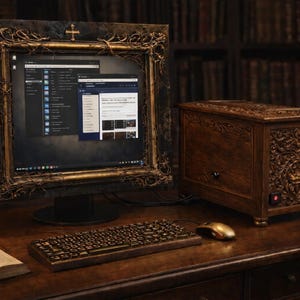 Pode incluir: Uma configuração de computador com uma estética vintage. O monitor é emoldurado com uma borda dourada ornamentada. Uma caixa de computador de madeira com detalhes esculpidos fica ao lado do monitor. Um teclado, um rato e um livro aberto estão na mesa.
