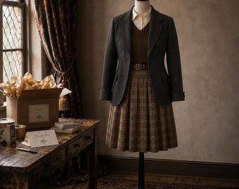 May include: A dark gray blazer worn over a brown V-neck sweater and a cream-colored collared shirt. The outfit includes a brown plaid pleated skirt with a thin brown belt at the waist, all displayed on a black mannequin stand in a room.