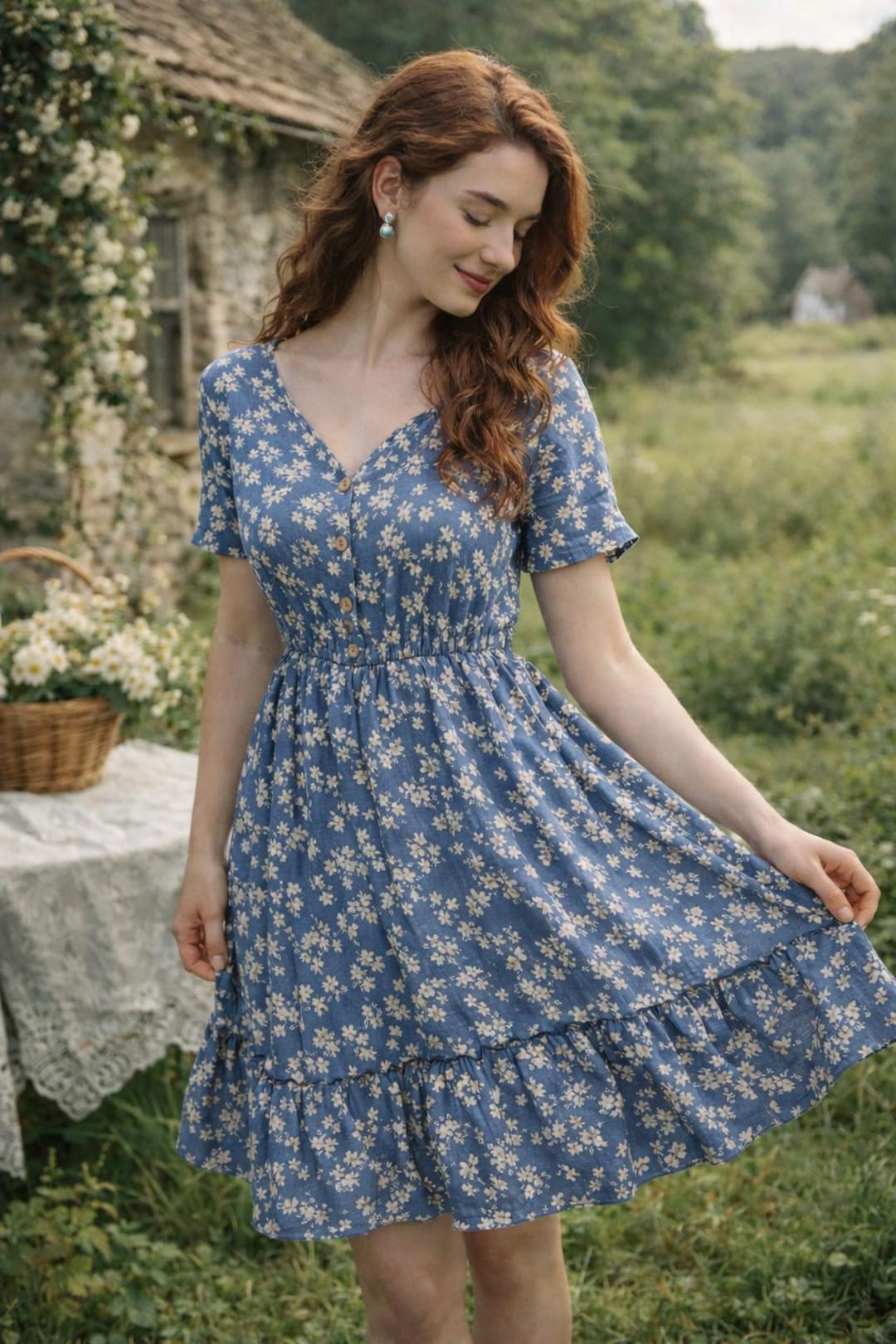 Cottagecore Blue Floral Dress Outfit With Cropped Knit Sweater & Cameo ...