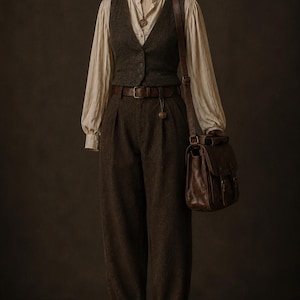 May include: A cream-colored long-sleeve shirt, a dark brown button-up vest, and matching dark brown trousers with a brown leather belt. A brown leather satchel hangs from the shoulder, and dark brown lace-up boots complete the ensemble.
