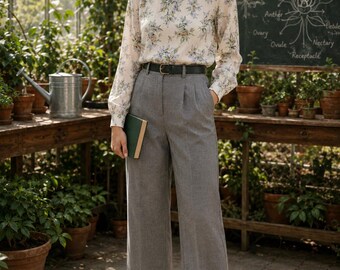 Botanical Academia Outfit, Floral Blouse, Tailored Trousers, Size 10 Petite