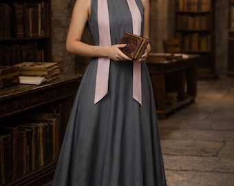 Cathedral Archivist Dress – Slate Gray A-Line Gown (Size M 8–10) with Garnet Earrings | Ecclesiastical Academia Outfit