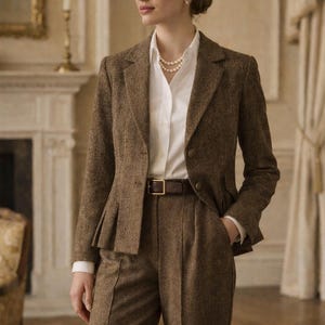 May include: A brown tweed suit, consisting of a blazer and trousers, worn over a white button-down shirt. The blazer has a tailored fit with a pleated detail at the waist. A brown leather belt cinches the waist. The suit is a classic, professional ensemble.