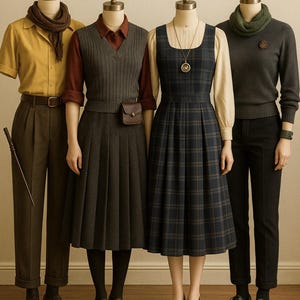 May include: Four mannequins display vintage-inspired outfits. The ensembles include a yellow short-sleeved shirt with brown pants, a gray sweater vest with a pleated skirt, a plaid dress, and a gray sweater with black pants. Accessories include scarves, a small bag, and a necklace.