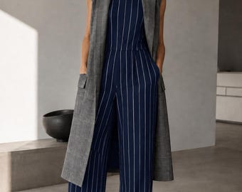 Modern Minimalist Styled Outfit Set – Architectural Navy Pinstripe Jumpsuit with Black Vest & Statement Earrings (Size 14)