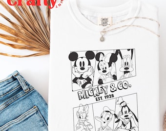 Comfort Colors Mickey & Co. Black and White T-Shirt, Disney Character Tee, Vintage Mickey Mouse Graphic, Disneyland Fan Shirt