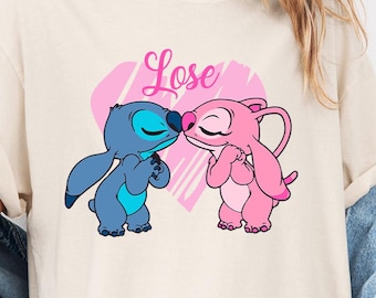 Comfort Colors Tee With Stitch And Angel Love Heart Design, Cute Couple Graphic Shirt, Matching Valentine Disney Trip T Shirt