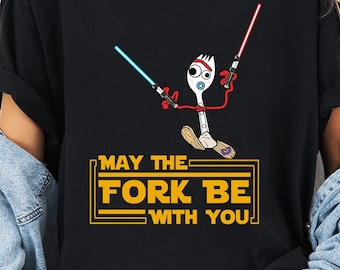 Comfort Colors May The Fork Be With You Shirt Featuring Forky Holding Lightsabers, Funny Star Wars Day Disney Tee