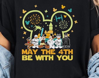 Comfort Colors May The 4th Be With You Shirt With Disney Characters In Star Wars Costumes, Mickey Mouse Tee For Disney Trip