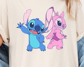 Comfort Colors Stitch And Angel Shirt, Cute Cartoon Couple Tee, Disney Trip Matching Shirt, Blue And Pink Characters Tshirt Gift