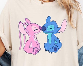 Comfort Colors Stitch And Angel Love Tee, Cute Cartoon Couple Shirt, Valentines Day Disney Trip Shirt, Romantic Graphic Tee