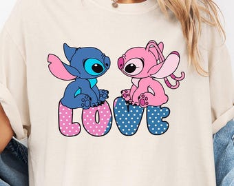 Comfort Colors Tee With Stitch And Angel Sitting Love Graphic, Cute Couple Matching Shirt For Disney Trip, Romantic Cartoon Tee