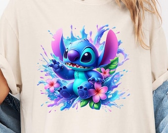 Comfort Colors Splash Stitch Shirt, Colorful Cartoon Alien Tee With Floral Details, Bright Graphic Tee, Disney Trip Comfort Tee