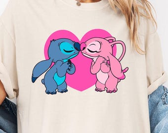 Comfort Colors Stitch Heart Shirt, Angel And Stitch Cartoon Characters Kissing, Cute Couple Tee, Disney Matching Trip Tshirt Gift