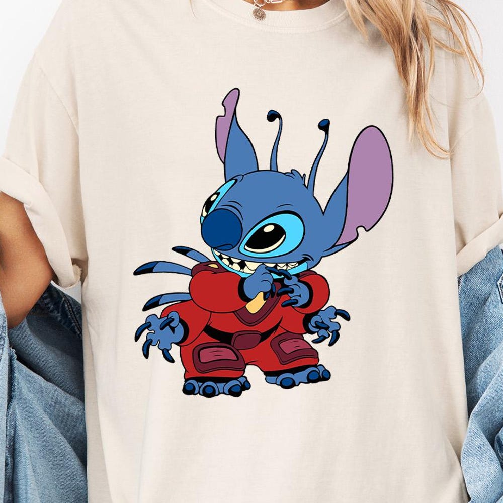 Comfort Colors Red Suit Stitch Shirt, Cartoon Stitch Graphic Tee, Cool Character Design Tshirt, Unique Gift Idea, Alien Fan Top