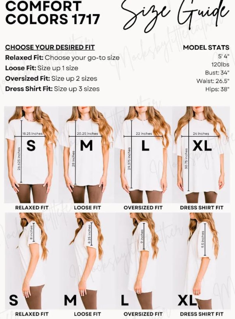 The image is a size guide for a dress shirt, showing different fit sizes for relaxed, loose, oversized, and dress shirt fits.