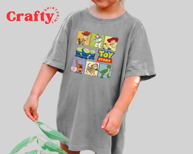 Pu&ograve; includere: Una maglietta grigia con una grafica colorata di Toy Story che presenta Woody, Buzz Lightyear e altri personaggi. Il testo "Toy Story" &egrave; stampato in un riquadro giallo.