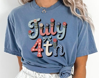 Retro 4th Of July Floral Shirt, Comfort Colors Shirt, American Coquette Shirt, Fourth of July Wildflower Shirt, USA Patriotic Shirt