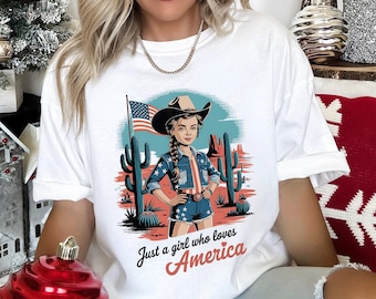Comfort Colors USA Patriotic Girl Graphic T-Shirt, 4th of July Western Style