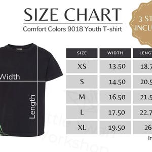 The image is a size chart for a youth t-shirt, providing measurements for different sizes such as XS, S, M, L, XL, and XXL. The chart includes a label indicating that the 3 styles included are "Comfort Colors 9018 Youth T-shirt".