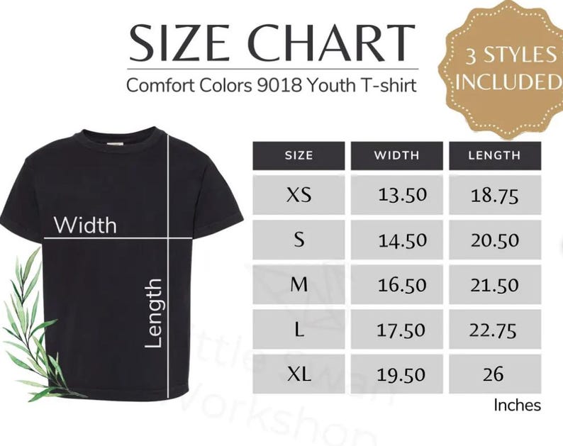 The image is a size chart for a youth t-shirt, providing measurements for different sizes such as XS, S, M, L, XL, and XXL. The chart includes a label indicating that the 3 styles included are "Comfort Colors 9018 Youth T-shirt".