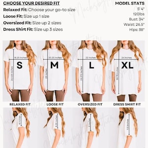 The image is a size guide for a dress shirt, showing different fit sizes for relaxed, loose, oversized, and dress shirt fits.